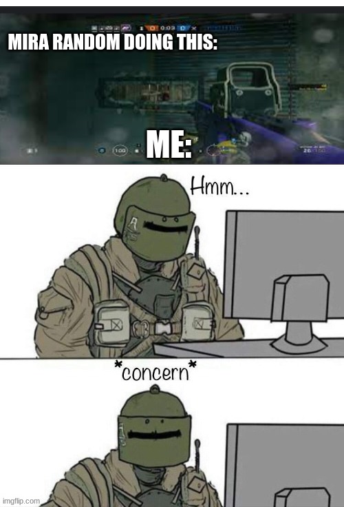 Mira Tardes | MIRA RANDOM DOING THIS:; ME: | image tagged in rainbow six concern | made w/ Imgflip meme maker