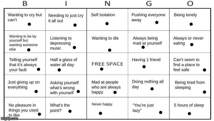 I did the depression bingo board i made | image tagged in oh no,no | made w/ Imgflip meme maker