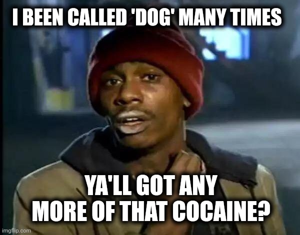 Y'all Got Any More Of That Meme | YA'LL GOT ANY MORE OF THAT COCAINE? I BEEN CALLED 'DOG' MANY TIMES | image tagged in memes,y'all got any more of that | made w/ Imgflip meme maker
