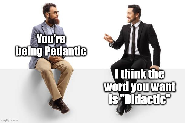 Pedantic | You're being Pedantic; I think the word you want is "Didactic" | image tagged in humor,grammar nazi | made w/ Imgflip meme maker