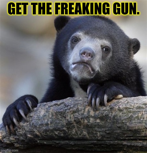 Confession Bear Meme | GET THE FREAKING GUN. | image tagged in memes,confession bear | made w/ Imgflip meme maker