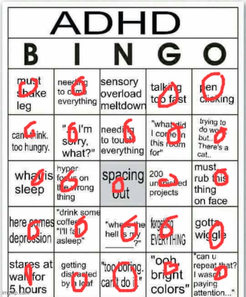 Ha I’m the ultimate life form of adhd, this is kinda funny reading over it | image tagged in adhd bingo,hehe | made w/ Imgflip meme maker