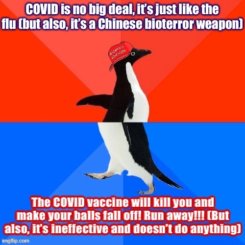 — Competing perspectives in the MAGA community — | image tagged in conservative hypocrisy on covid,conservative hypocrisy,covidiots,covid-19,covid vaccine,conservative logic | made w/ Imgflip meme maker