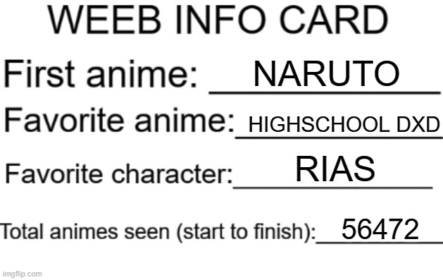 THE FIRST EVER WEEB INFO CARD | NARUTO; HIGHSCHOOL DXD; RIAS; 56472 | image tagged in weeb info card | made w/ Imgflip meme maker