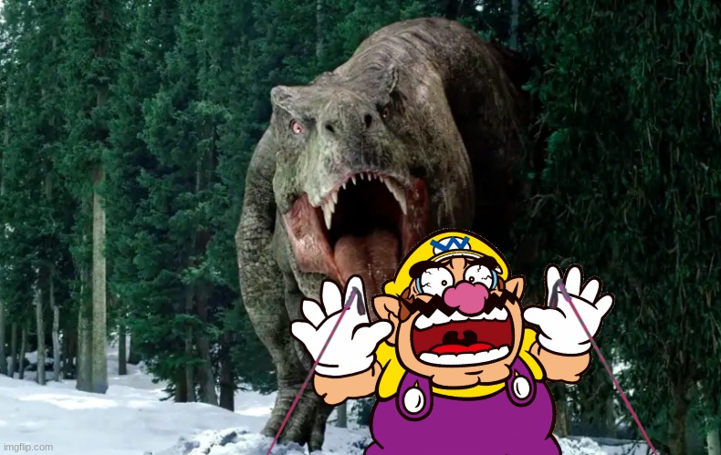 Wario goes snowboarding until Rexy comes and eats him.mp4 | image tagged in wario dies,wario,jurassic park,jurassic world,t rex,dinosaur | made w/ Imgflip meme maker
