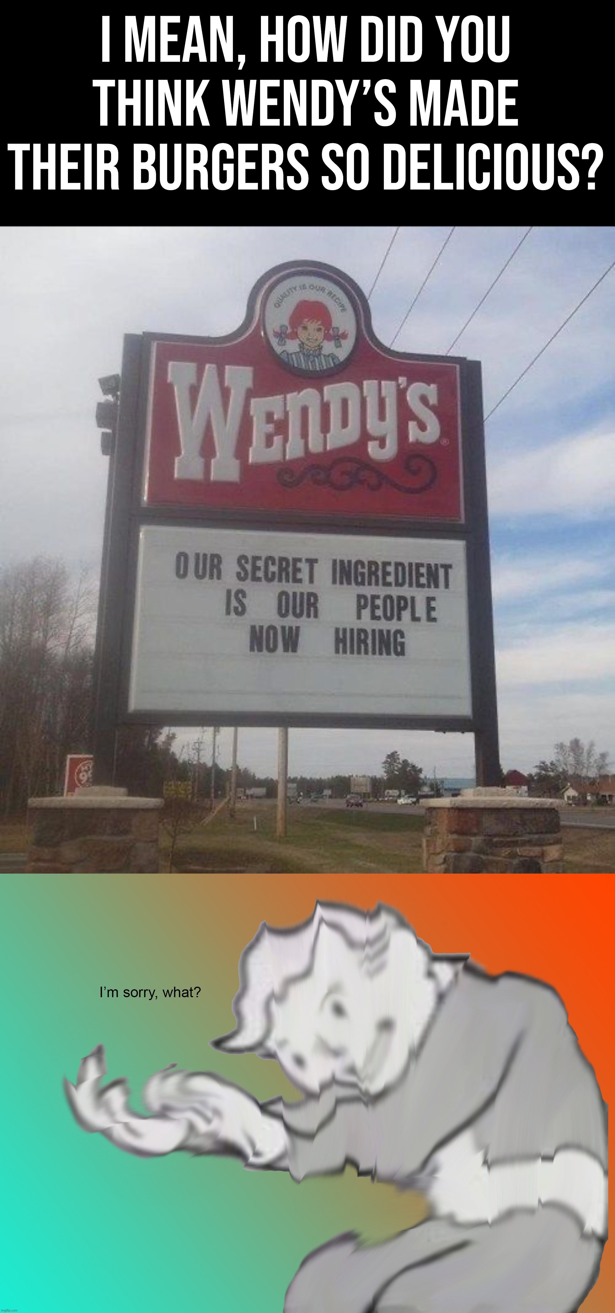 How did you think they made them so good? | I MEAN, HOW DID YOU THINK WENDY’S MADE THEIR BURGERS SO DELICIOUS? | image tagged in i'm sorry what,memes,funny,wendy's,burger,hold up | made w/ Imgflip meme maker