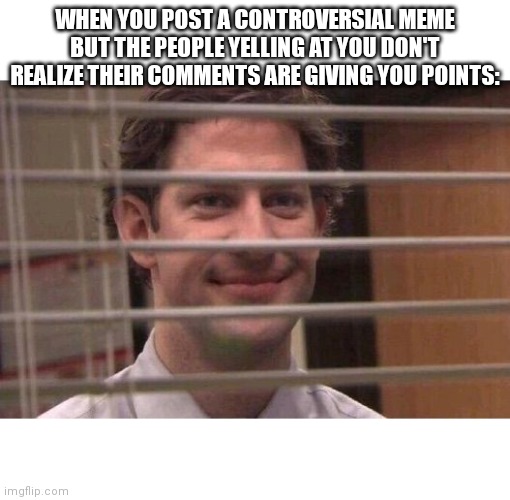 Hehe | WHEN YOU POST A CONTROVERSIAL MEME BUT THE PEOPLE YELLING AT YOU DON'T REALIZE THEIR COMMENTS ARE GIVING YOU POINTS: | image tagged in jim office blinds | made w/ Imgflip meme maker