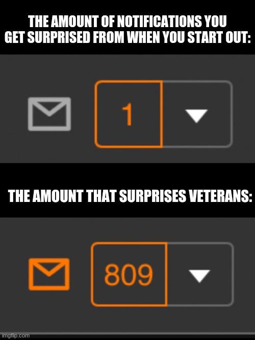 Accurate | THE AMOUNT OF NOTIFICATIONS YOU GET SURPRISED FROM WHEN YOU START OUT:; THE AMOUNT THAT SURPRISES VETERANS: | image tagged in 1 notification vs 809 notifications with message | made w/ Imgflip meme maker