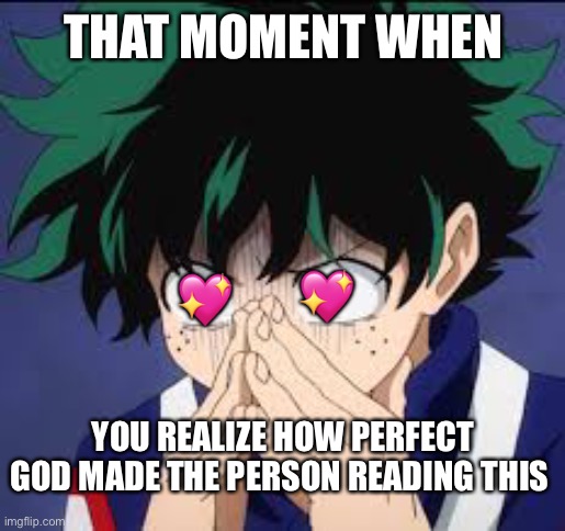 Oh my | THAT MOMENT WHEN; 💖; 💖; YOU REALIZE HOW PERFECT GOD MADE THE PERSON READING THIS | image tagged in that awful moment deku,wholesome | made w/ Imgflip meme maker