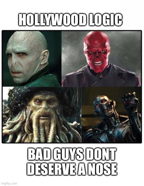 Hollywood logic | HOLLYWOOD LOGIC; BAD GUYS DONT DESERVE A NOSE | image tagged in funny memes | made w/ Imgflip meme maker