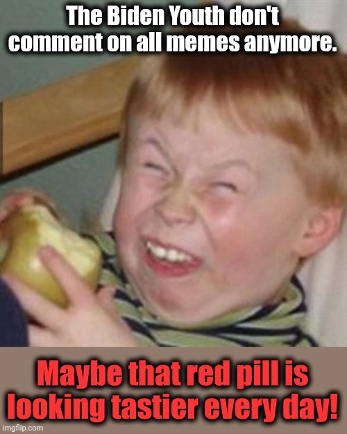 laughing kid | The Biden Youth don't comment on all memes anymore. Maybe that red pill is looking tastier every day! | image tagged in laughing kid | made w/ Imgflip meme maker