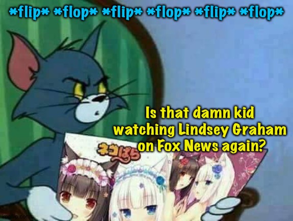 Disturbed Anime magazine Tom | *flip* *flop* *flip* *flop* *flip* *flop* Is that damn kid 
watching Lindsey Graham 
on Fox News again? | image tagged in disturbed anime magazine tom | made w/ Imgflip meme maker