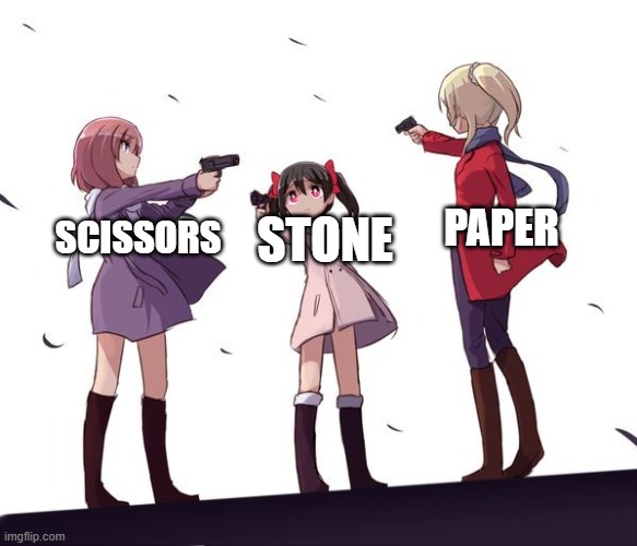 Rock Paper Scissors | PAPER; STONE; SCISSORS | image tagged in three-way attack,rock paper scissors | made w/ Imgflip meme maker