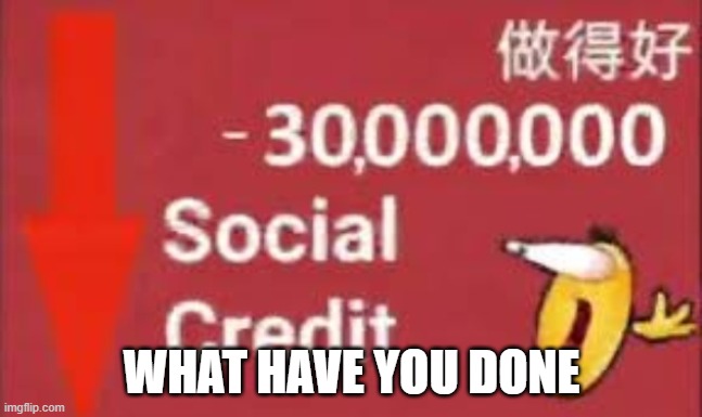 social credit | WHAT HAVE YOU DONE | image tagged in social credit | made w/ Imgflip meme maker