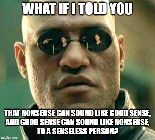 Does This Make Sense To You? Or Are You A Senseless Person? | WHAT IF I TOLD YOU; THAT NONSENSE CAN SOUND LIKE GOOD SENSE,
AND GOOD SENSE CAN SOUND LIKE NONSENSE,
TO A SENSELESS PERSON? | image tagged in what if i told you,nonsense,common sense,makes sense,reading,understanding | made w/ Imgflip meme maker