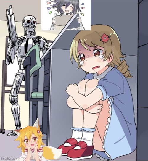 Anime Girl Hiding from Terminator | image tagged in anime girl hiding from terminator | made w/ Imgflip meme maker