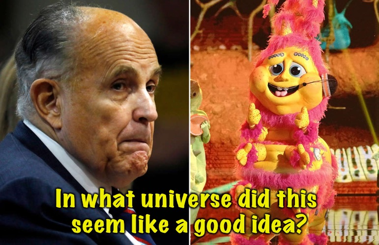Rudy Giuliani as the Masked Singer, prompting judges Robin Thicke and Ken Jeong to walk out | In what universe did this 
seem like a good idea? | image tagged in rudy giuliani,masked singer | made w/ Imgflip meme maker