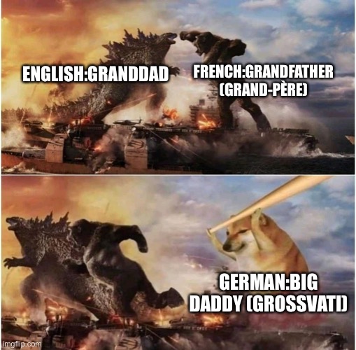 Languages | FRENCH:GRANDFATHER (GRAND-PÈRE); ENGLISH:GRANDDAD; GERMAN:BIG DADDY (GROSSVATI) | image tagged in kong godzilla doge,funny memes,language,weird | made w/ Imgflip meme maker