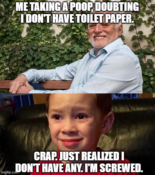 BIGPOOP | ME TAKING A POOP, DOUBTING I DON'T HAVE TOILET PAPER. CRAP. JUST REALIZED I DON'T HAVE ANY. I'M SCREWED. | image tagged in poop | made w/ Imgflip meme maker