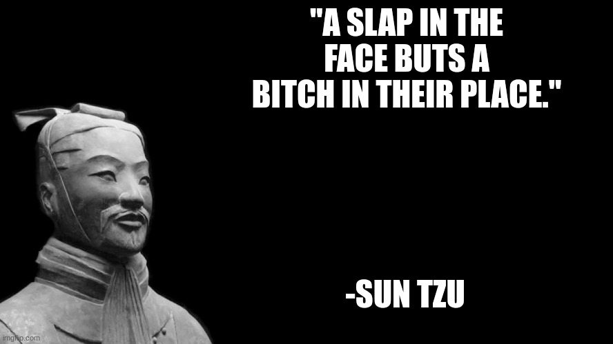 "A SLAP IN THE FACE BUTS A BITCH IN THEIR PLACE." -SUN TZU | image tagged in sun tzu | made w/ Imgflip meme maker