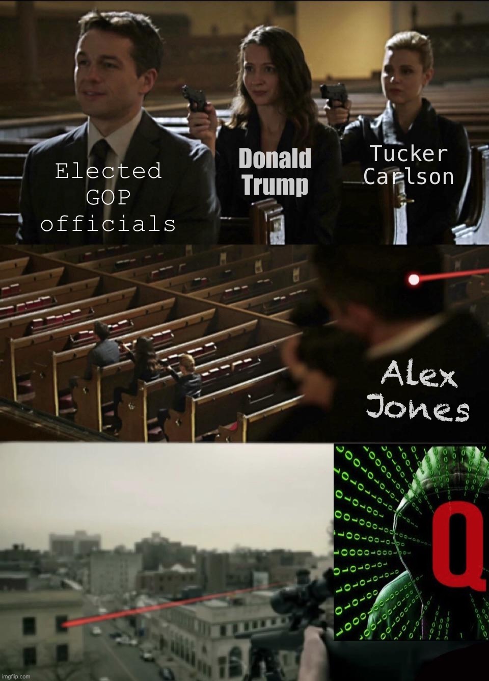 Who runs the GOP these days?: A perspective | Donald Trump; Tucker Carlson; Elected GOP officials; Alex Jones | image tagged in assassination chain extended,gop,trump,tucker carlson,alex jones,qanon | made w/ Imgflip meme maker