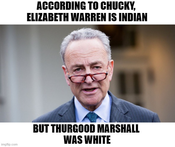 History Revisionist Chucky | ACCORDING TO CHUCKY, 
ELIZABETH WARREN IS INDIAN; BUT THURGOOD MARSHALL 
WAS WHITE | image tagged in chuck schumer,thurgood marshall | made w/ Imgflip meme maker