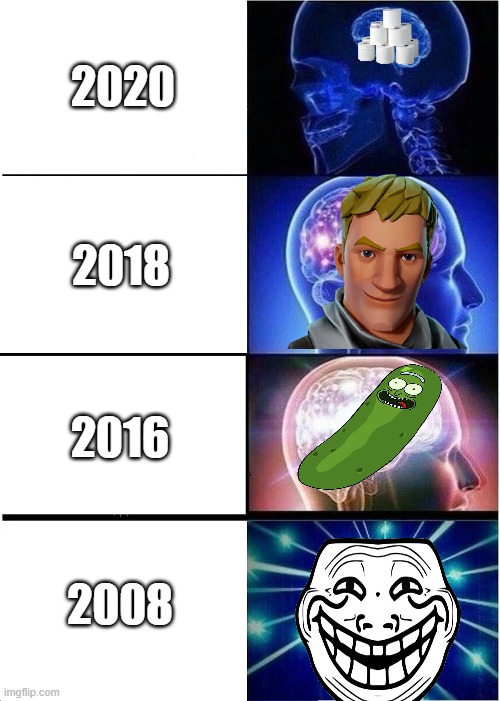 Expanding Brain | 2020; 2018; 2016; 2008 | image tagged in memes,expanding brain,big,brain,trollface,2008 | made w/ Imgflip meme maker