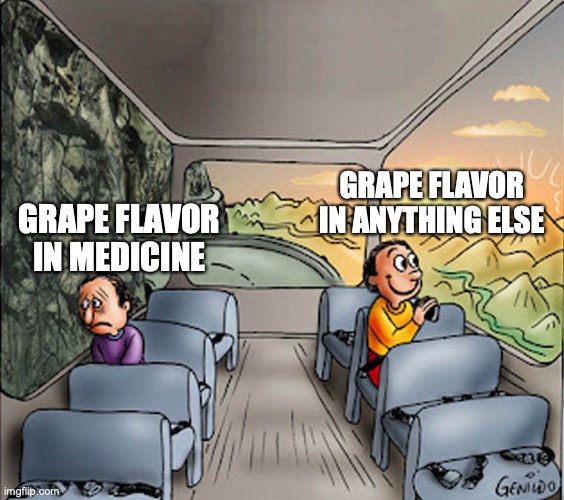 true | GRAPE FLAVOR IN ANYTHING ELSE; GRAPE FLAVOR IN MEDICINE | image tagged in two guys on a bus | made w/ Imgflip meme maker