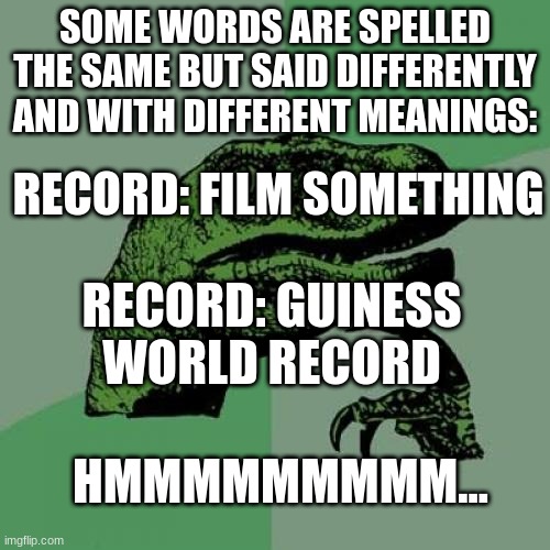 Philosoraptor | SOME WORDS ARE SPELLED THE SAME BUT SAID DIFFERENTLY AND WITH DIFFERENT MEANINGS:; RECORD: FILM SOMETHING; RECORD: GUINESS WORLD RECORD; HMMMMMMMMM... | image tagged in memes,philosoraptor | made w/ Imgflip meme maker
