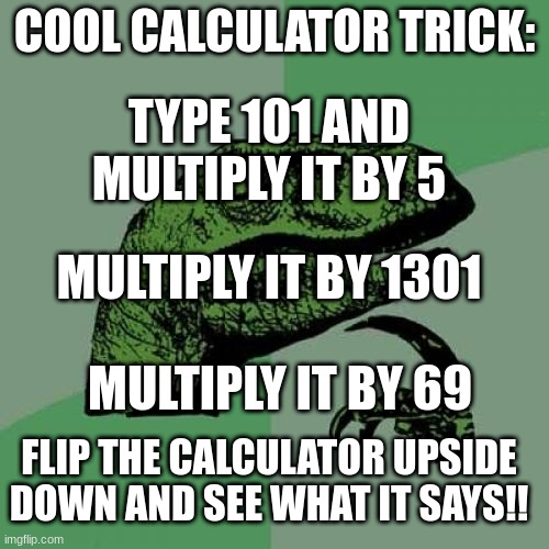 Philosoraptor | COOL CALCULATOR TRICK:; TYPE 101 AND MULTIPLY IT BY 5; MULTIPLY IT BY 1301; MULTIPLY IT BY 69; FLIP THE CALCULATOR UPSIDE DOWN AND SEE WHAT IT SAYS!! | image tagged in memes,philosoraptor | made w/ Imgflip meme maker