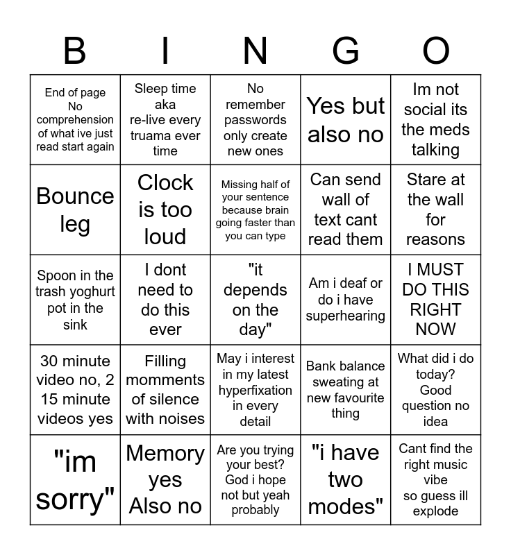 ADHD bingo Blank Meme Template