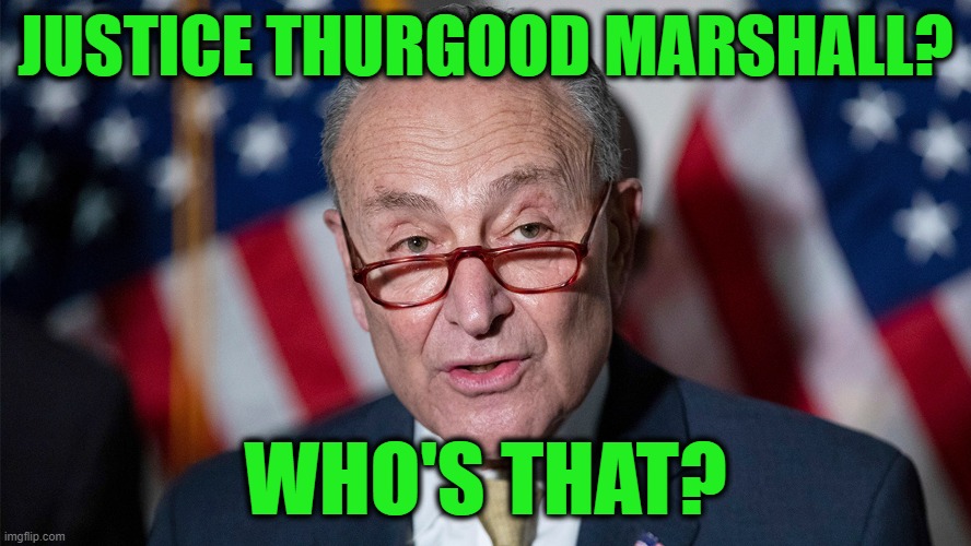 Sen. Chuck Schumer Falls Flat During Black History Month | JUSTICE THURGOOD MARSHALL? WHO'S THAT? | image tagged in sen chuck schumer,thurgood marshall | made w/ Imgflip meme maker