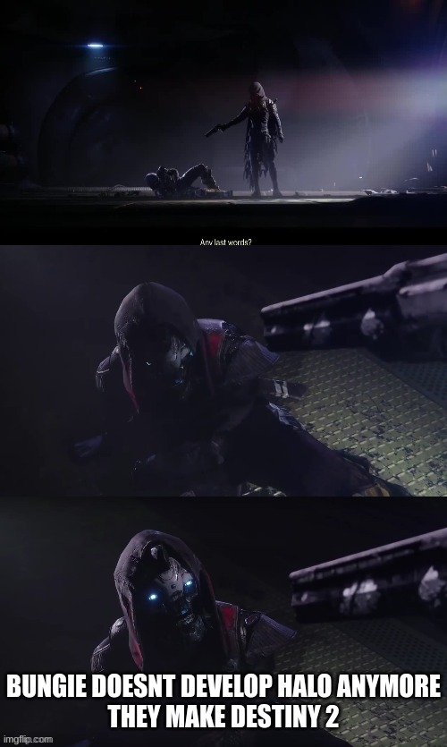 Any last words? | BUNGIE DOESNT DEVELOP HALO ANYMORE
THEY MAKE DESTINY 2 | image tagged in any last words | made w/ Imgflip meme maker