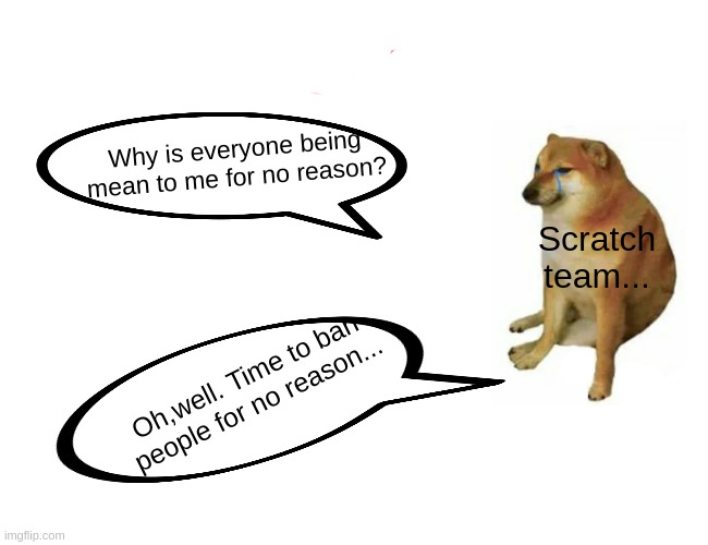 Buff Doge vs. Cheems Meme | Why is everyone being mean to me for no reason? Scratch team... Oh,well. Time to ban people for no reason... | image tagged in memes,buff doge vs cheems | made w/ Imgflip meme maker