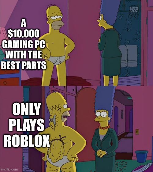 Homer Simpson's Back Fat | A $10,000 GAMING PC WITH THE BEST PARTS; ONLY PLAYS ROBLOX | image tagged in homer simpson's back fat | made w/ Imgflip meme maker
