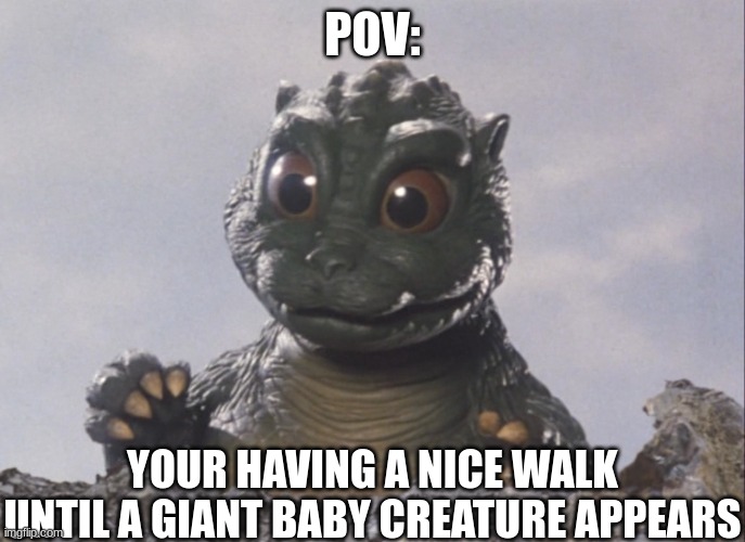 No op OC's and characters and Weaponized characters and OC's | POV:; YOUR HAVING A NICE WALK UNTIL A GIANT BABY CREATURE APPEARS | image tagged in godzilla,roleplaying | made w/ Imgflip meme maker