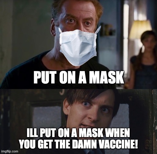 Rent | PUT ON A MASK; ILL PUT ON A MASK WHEN YOU GET THE DAMN VACCINE! | image tagged in spiderman 2 rent | made w/ Imgflip meme maker