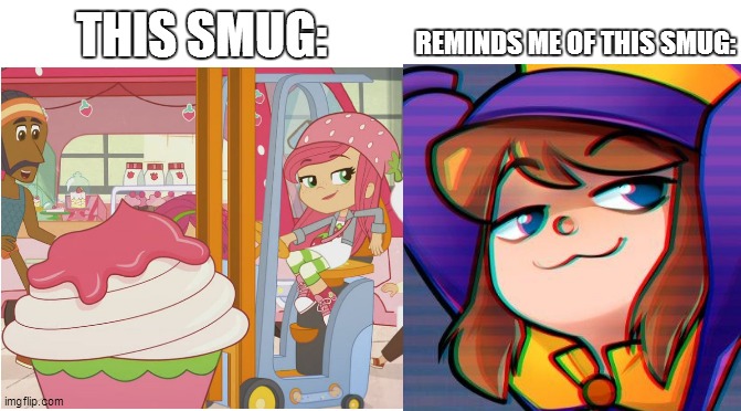 Strawberry Shortcake smugs like Hat Kid from A Hat in Time | THIS SMUG:; REMINDS ME OF THIS SMUG: | image tagged in funny memes,dank memes,so true memes,strawberry shortcake,strawberry shortcake berry in the big city,memes | made w/ Imgflip meme maker