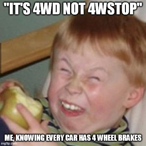 4 wheel stop |  "IT'S 4WD NOT 4WSTOP"; ME, KNOWING EVERY CAR HAS 4 WHEEL BRAKES | image tagged in laughing kid | made w/ Imgflip meme maker