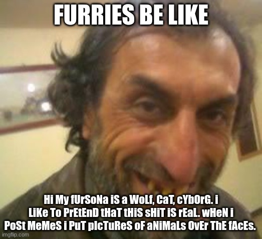 This is true | FURRIES BE LIKE; Hi My fUrSoNa iS a WoLf, CaT, cYbOrG. i LiKe To PrEtEnD tHaT tHiS sHiT iS rEaL. wHeN i PoSt MeMeS i PuT pIcTuReS oF aNiMaLs OvEr ThE fAcEs. | image tagged in ugly guy | made w/ Imgflip meme maker