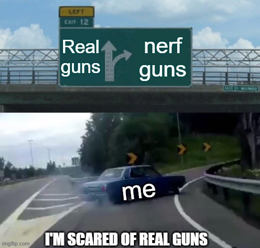 true | Real guns; nerf guns; me; I'M SCARED OF REAL GUNS | image tagged in memes,left exit 12 off ramp,guns,nerf | made w/ Imgflip meme maker