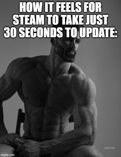 Giga Chad | HOW IT FEELS FOR STEAM TO TAKE JUST 30 SECONDS TO UPDATE: | image tagged in giga chad | made w/ Imgflip meme maker