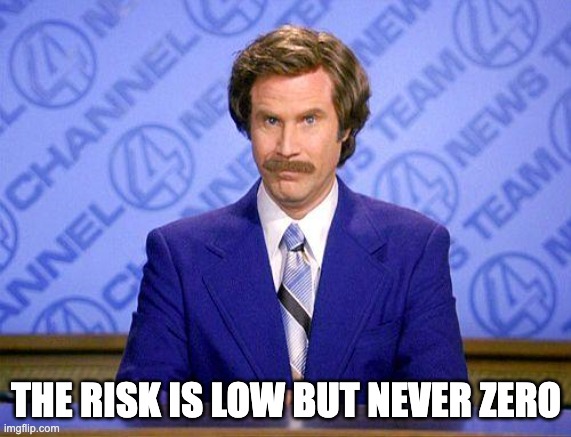 anchor man risks | THE RISK IS LOW BUT NEVER ZERO | image tagged in anchorman news update | made w/ Imgflip meme maker