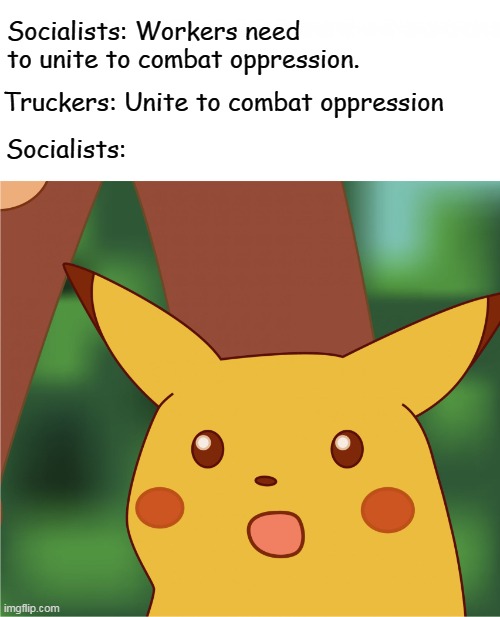 We didn't meant that! | Socialists: Workers need to unite to combat oppression. Truckers: Unite to combat oppression; Socialists: | image tagged in surprised pikachu high quality,socialists,liberal logic,triggered liberal | made w/ Imgflip meme maker