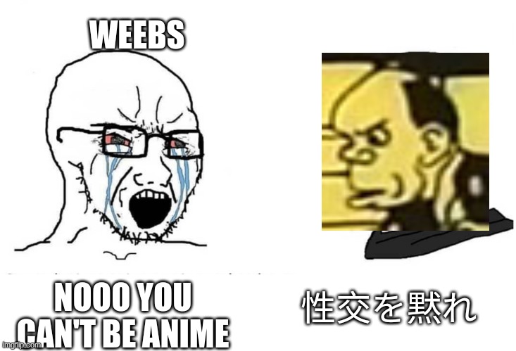 Soyboy Vs Yes Chad | NOOO YOU CAN'T BE ANIME WEEBS 性交を黙れ | image tagged in soyboy vs yes chad | made w/ Imgflip meme maker