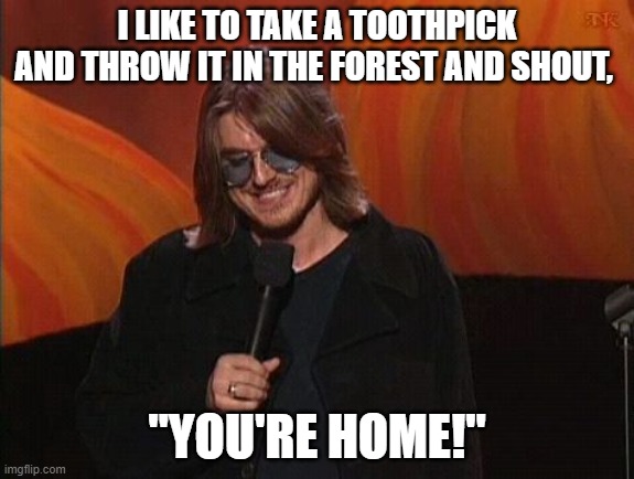 Parade | I LIKE TO TAKE A TOOTHPICK AND THROW IT IN THE FOREST AND SHOUT, "YOU'RE HOME!" | image tagged in mitch hedberg | made w/ Imgflip meme maker