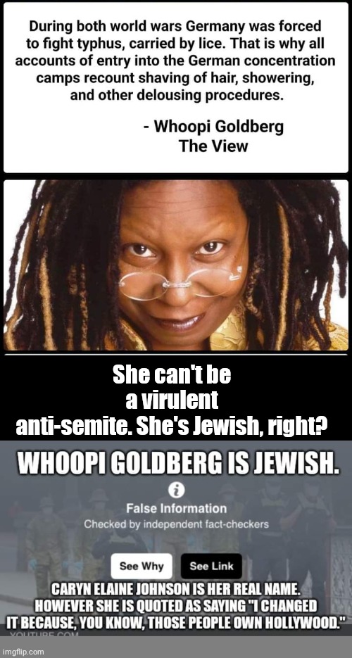Whoopi Goldberg is not Jewish |  She can't be a virulent anti-semite. She's Jewish, right? | image tagged in black box,blank grey | made w/ Imgflip meme maker