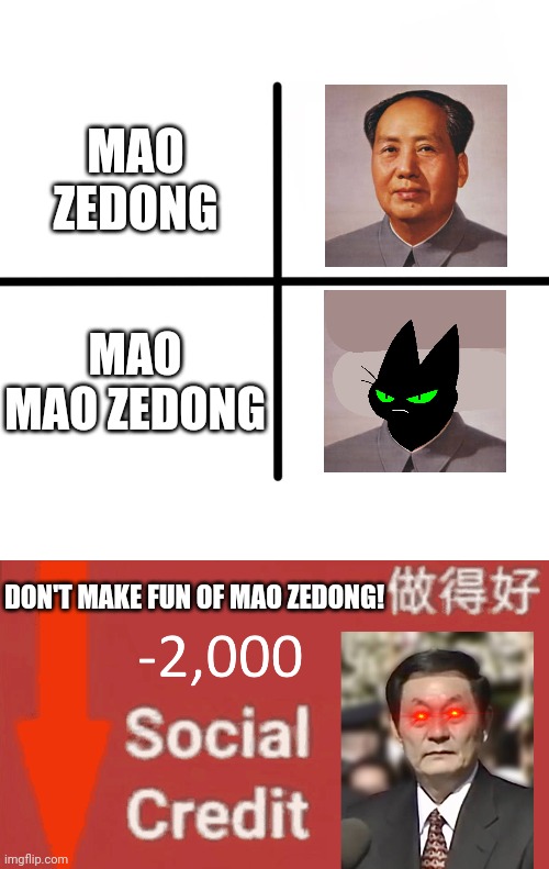 DON'T MAKE FUN OF MAO ZEDONG! |  MAO ZEDONG; MAO MAO ZEDONG; DON'T MAKE FUN OF MAO ZEDONG! | image tagged in blank starter pack,mao zedong,mao mao,social credit,zhu rongji,funny | made w/ Imgflip meme maker