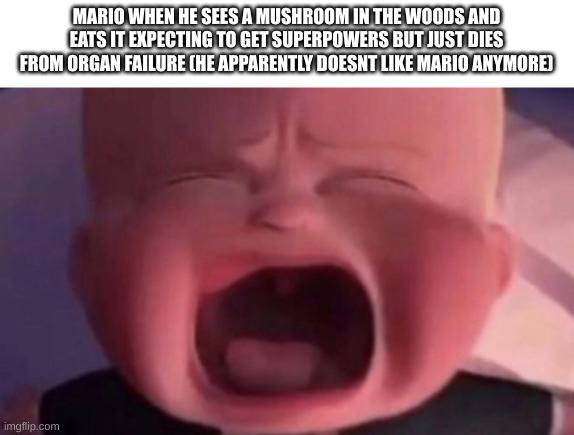 boss baby crying | MARIO WHEN HE SEES A MUSHROOM IN THE WOODS AND EATS IT EXPECTING TO GET SUPERPOWERS BUT JUST DIES FROM ORGAN FAILURE (HE APPARENTLY DOESNT LIKE MARIO ANYMORE) | image tagged in boss baby crying | made w/ Imgflip meme maker