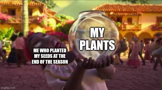 Stardew Valley newbies be like | MY PLANTS; ME WHO PLANTED MY SEEDS AT THE END OF THE SEASON | image tagged in sra pezmuerte's goldfish,stardew valley,encanto | made w/ Imgflip meme maker